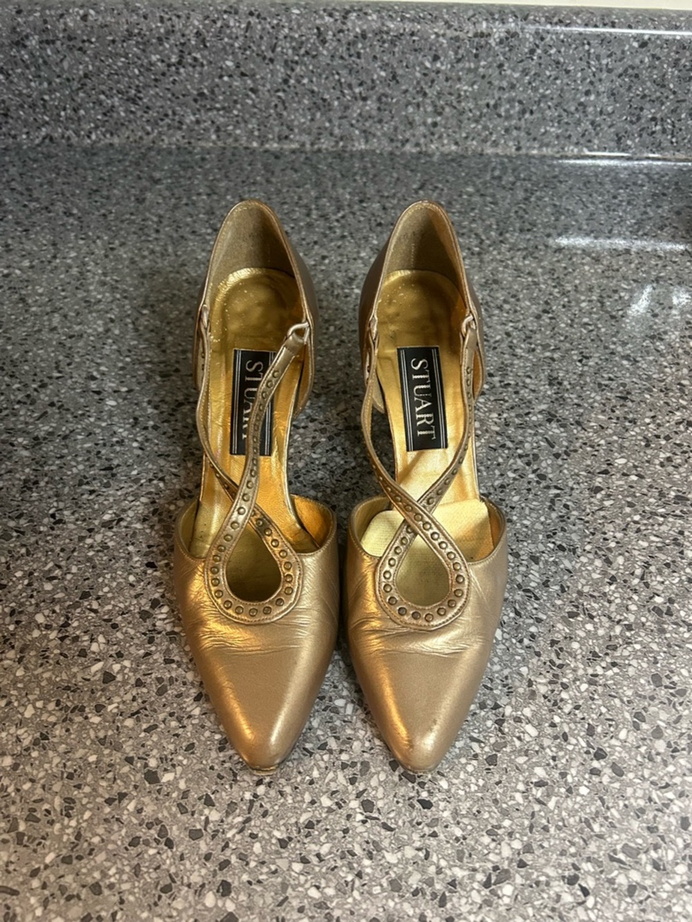 Stuart Weitzman Metallic Gold Pointed-Toe Crisscross Heels